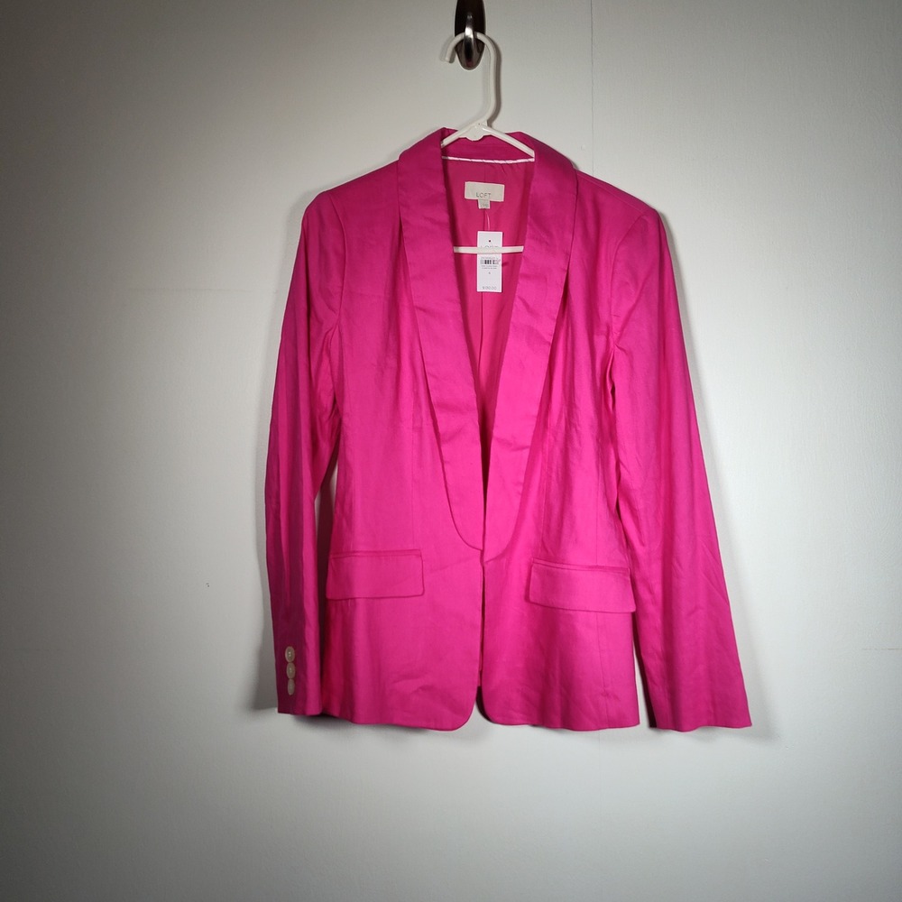 LOFT Womens Fuchsia Pink Shawl Collar Open Front Linen Blazer Jacket Size 4 NWT - Picture 2 of 11